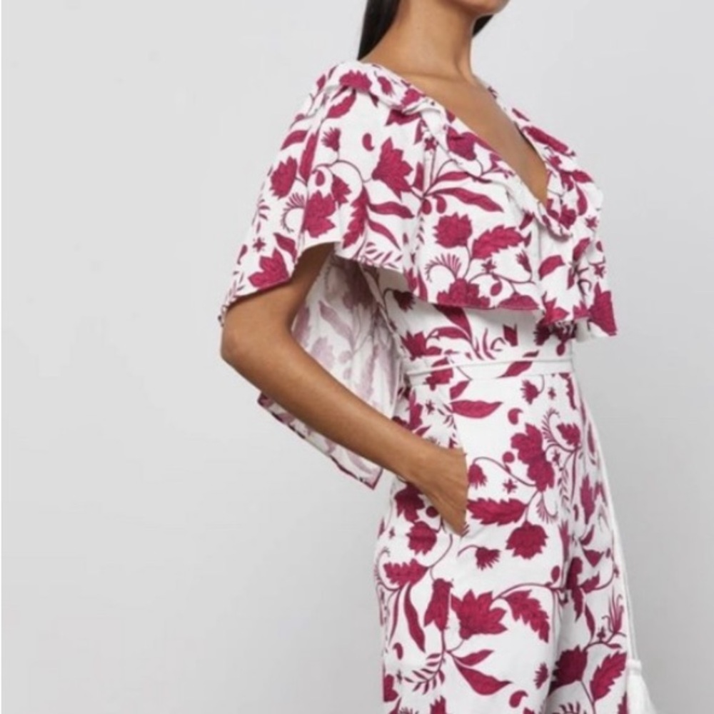 BCBGMAXAZRIA Floral Ruffle Wide Leg Jumpsuit XXS White Pink Romper
